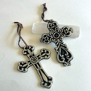 Two Mini Crosses, Antiqued Embossed Aluminum Fleur-de-Lis Ornaments